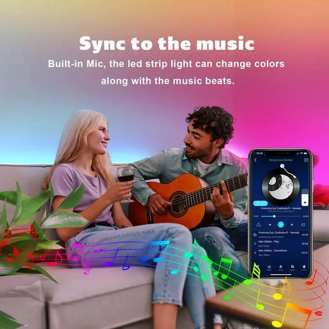 Alt view image 6 of 7 - ZOZOO 100ft Led Lights for Bedroom(2 Rolls of 50ft), Smart RGB Led Strip Lights with 44-Key Remote & APP Control Music Sync with Color Changing for Home Party Festival Decoration