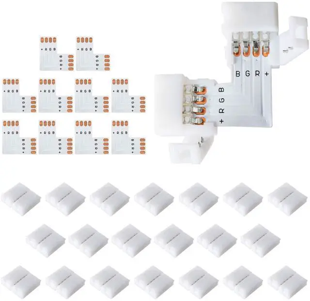 Main image of JACKYLED 20Packs L Shape 4-Pin LED Connectors with 22Pcs Clips 10mm for Strip Lights - 10mm 4pin