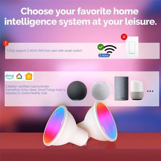 Alt view image 2 of 7 - MOES Matter Smart GU10 LED Light Bulbs, Color Changing WiFi Smart Bulbs, 2700K-6500K CW& RGB Dimmable, Smart Life Remote Control, Work with Apple Homekit/Alexa/Google Home, 400lm 5W 1 Pack