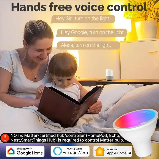Alt view image 3 of 7 - MOES Matter Smart GU10 LED Light Bulbs, Color Changing WiFi Smart Bulbs, 2700K-6500K CW& RGB Dimmable, Smart Life Remote Control, Work with Apple Homekit/Alexa/Google Home, 400lm 5W 1 Pack