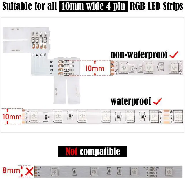 Alt view image 4 of 7 - JACKYLED 20Packs L Shape 4-Pin LED Connectors with 22Pcs Clips 10mm for Strip Lights - 10mm 4pin