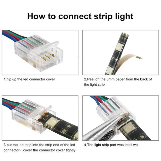 Alt view image 4 of 6 - 4 Pin RGB Led Connectors for Strip Lights 10mm Wide Unwired Gapless Solderless Transparent 22Awg Extension Wire Quick Connectors Adapter(6 pcs)