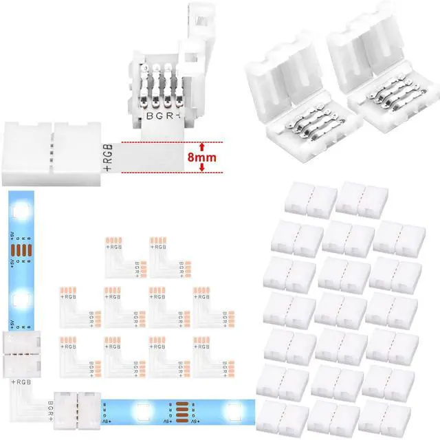 Main image of Ledagic L Shape LED Strip Connectors 10-Pack with 20Pcs Clips, Unwired Solderless LED Light Connectors for 8mm Wide 4-Pin Strip Lights