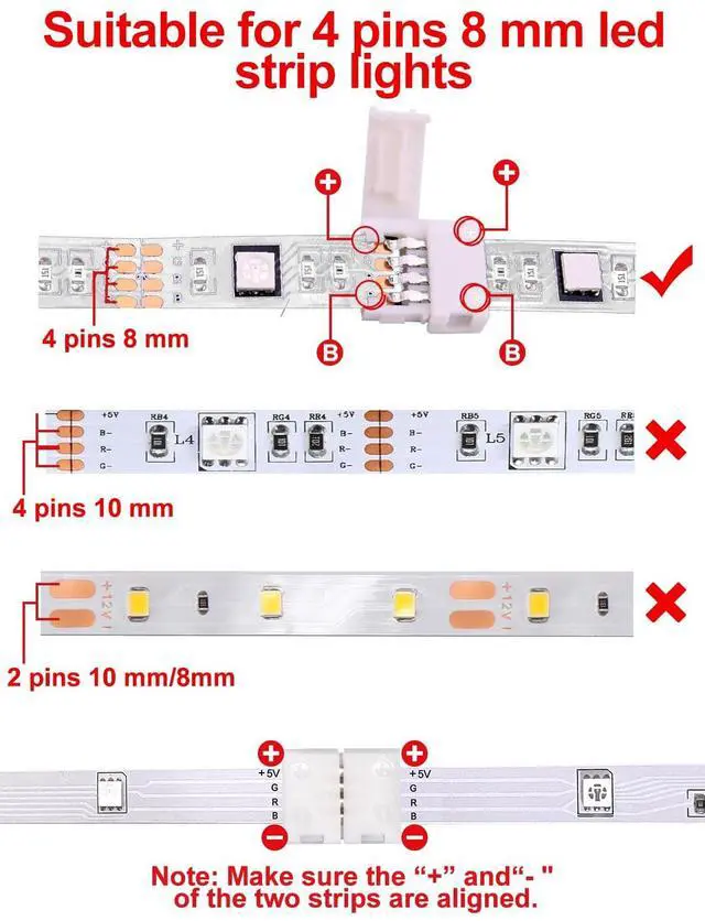 Alt view image 2 of 5 - Ledagic L Shape LED Strip Connectors 10-Pack with 20Pcs Clips, Unwired Solderless LED Light Connectors for 8mm Wide 4-Pin Strip Lights
