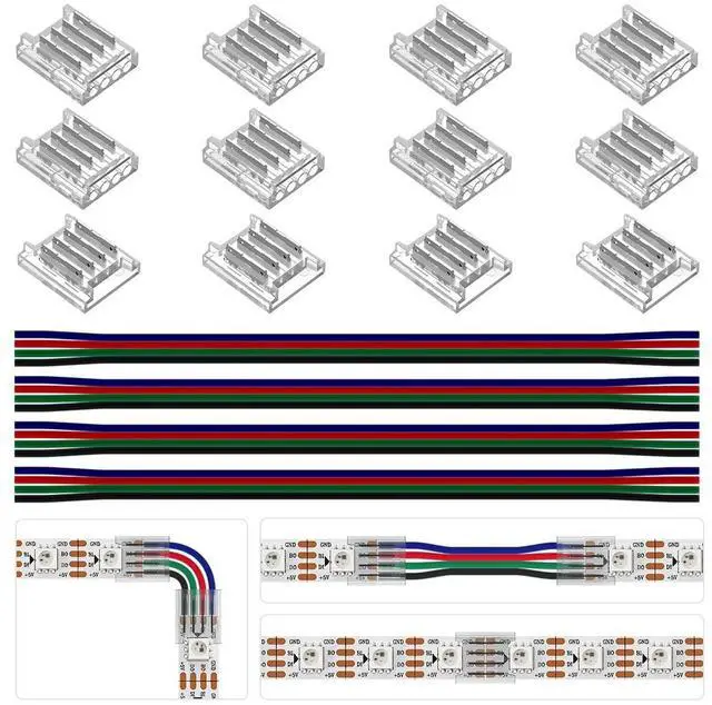 Main image of BTF-LIGHTING 4 Pin 10mm 0.39in Width Transparent Connector Kit,4pcs Gapless Solderless 8pcs Corner Connectors,4pcs 5.9in Long 22AWG Extension Wires,Support WS2815 WS2813 etc SMD LED Strip