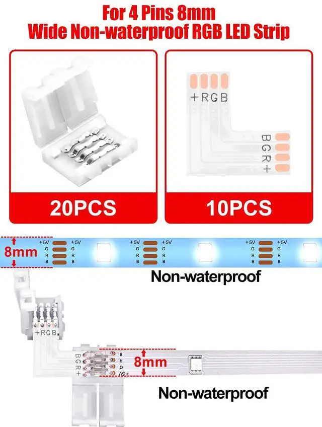 Alt view image 3 of 5 - Ledagic L Shape LED Strip Connectors 10-Pack with 20Pcs Clips, Unwired Solderless LED Light Connectors for 8mm Wide 4-Pin Strip Lights