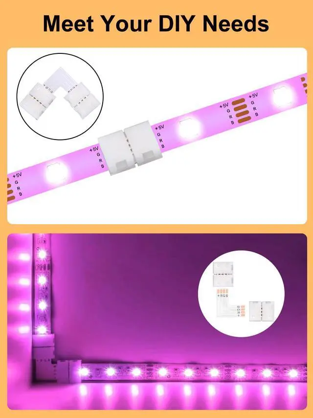 Alt view image 4 of 5 - Ledagic L Shape LED Strip Connectors 10-Pack with 20Pcs Clips, Unwired Solderless LED Light Connectors for 8mm Wide 4-Pin Strip Lights