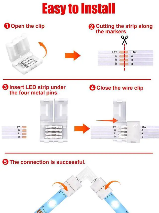 Alt view image 5 of 5 - Ledagic L Shape LED Strip Connectors 10-Pack with 20Pcs Clips, Unwired Solderless LED Light Connectors for 8mm Wide 4-Pin Strip Lights