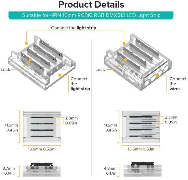 Alt view image 3 of 6 - BTF-LIGHTING 4 Pin 10mm 0.39in Width Transparent Connector Kit,4pcs Gapless Solderless 8pcs Corner Connectors,4pcs 5.9in Long 22AWG Extension Wires,Support WS2815 WS2813 etc SMD LED Strip