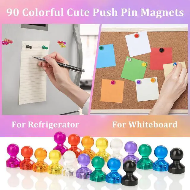 Alt view image 7 of 7 - 90 PCS Colorful Strong Magnetic Push Pin Magnets, 9 Assorted Color Magnetic Push Pin Magnets for Office, Classroom, Kitchen Home and School, Map Magnets, Whiteboard Magnets