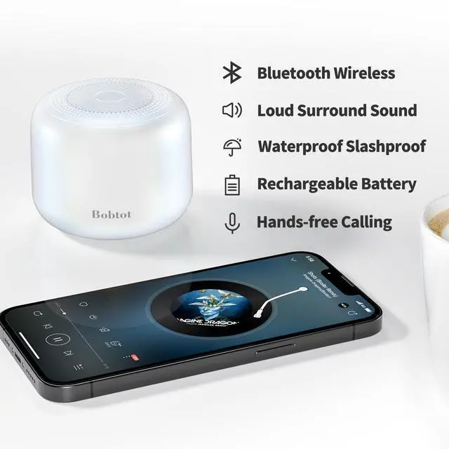 Alt view image 2 of 7 - Bobtot Portable Bluetooth Speakers with Strap Easy to Carry, Wireless IPX5 Waterproof Mini Speaker with Loud Stereo Sound, 20 Hours Playtime, Rechargeable Battery, Built-in Microphone, White