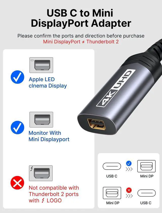 Alt view image 2 of 7 - USB C to Mini DisplayPort Adapter, 4K@60Hz, USB-C to Mini DisplayPort, Uni-Directional, for DP Alt Mode Devices, Not Compatible with Thunderbolt/Thunderbolt 2 Displays
