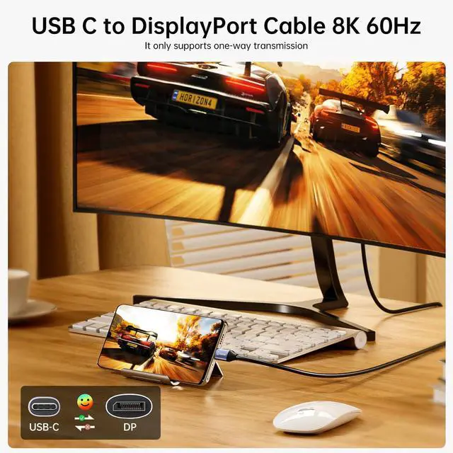 Alt view image 2 of 7 - biaze USB C to DisplayPort 1.4 Cable 8K@60Hz 4K@240Hz, Unidirectional Thunderbolt 4/3 to DisplayPort Cord USB C to DP Cable 32.4Gbps for iPhone 15/16 Galaxy Laptop MacBook Pro/Air Monitor(3.3ft)