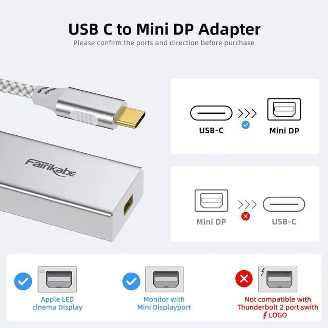 Alt view image 2 of 7 - USB C to Mini DisplayPort Adapter 4K@60Hz, USB Type C (Thunderbolt 3) to Mini DP Adapter for iPhone 15, M1/M2 MacBook, MacBook Air/Pro 2016-2023, Galaxy S8-S23, Steam Deack and Rog Ally
