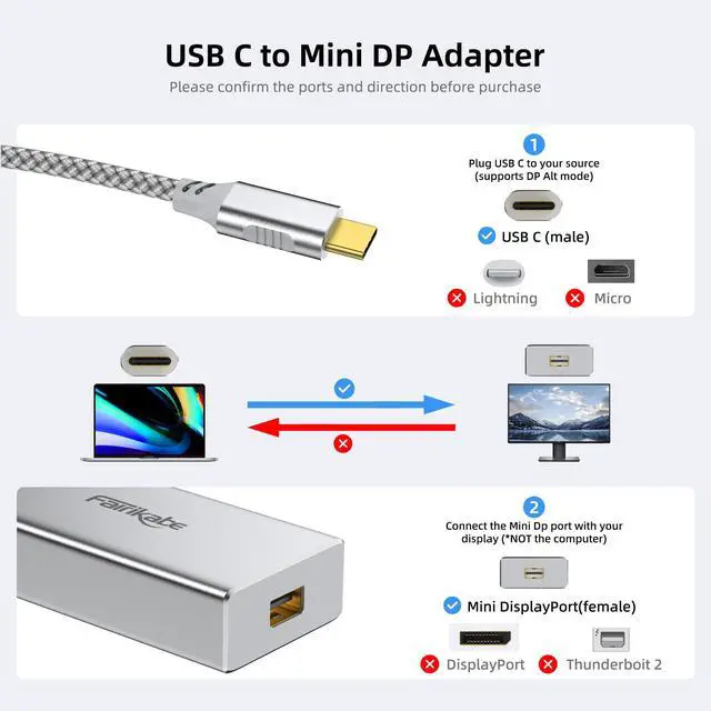 Alt view image 3 of 7 - USB C to Mini DisplayPort Adapter 4K@60Hz, USB Type C (Thunderbolt 3/4) to Mini DP Adapter for iPhone 15, M1/M2 MacBook, MacBook Air/Pro 2016-2023, Galaxy S8-S23, Steam Deack and Rog Ally