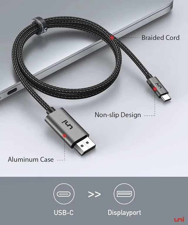 Alt view image 7 of 7 - uni USB C to DisplayPort Cable for Home Office (4K@60Hz, 2K@165Hz), Sturdy Aluminum USB Type-C to DisplayPort Cable [Thunderbolt 3/4 Compatible] for MacBook Pro/Air, iPhone 15 Pro/Max, XPS, Surface