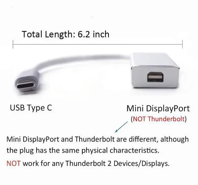 Alt view image 2 of 7 - USB-C to Mini DisplayPort Adapter, USB 3.1 Type C (Thunderbolt 3) to Mini DP Adapter 4K Compatible with Lenovo T470, MacBook Pro to LED Cinema Display/Dell Monitor, etc - Silver