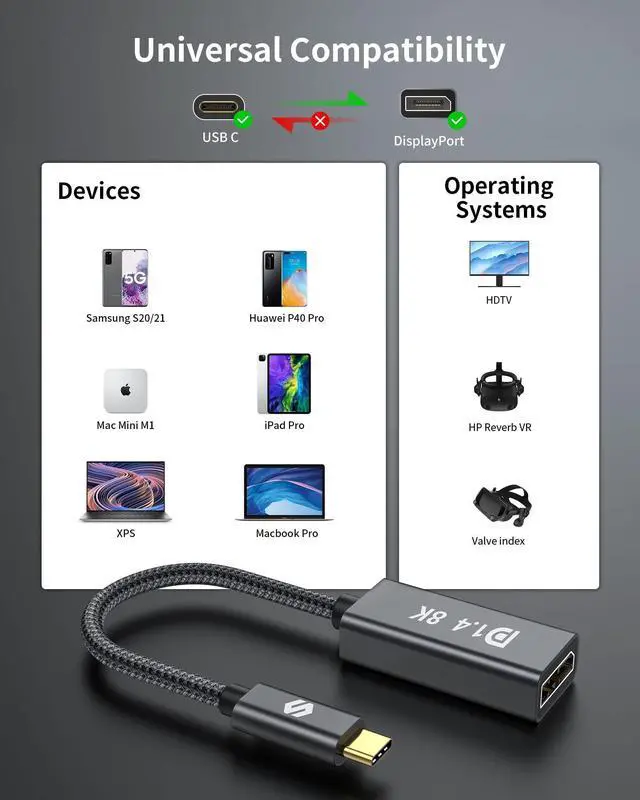 Alt view image 7 of 7 - Silkland USB C to DisplayPort 1.4 Adapter, [8K@60Hz, 4K@240Hz, HDR] Thunderbolt 4/3 to DisplayPort 32.4Gbps, USB4/Type C Compatible for MacBook Pro, iPhone 16/15 Pro, XPS, iPad Pro, Surface, Reverb G2