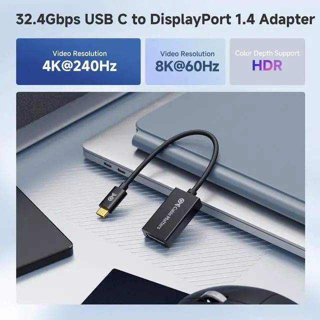 Alt view image 2 of 7 - Cable Matters 32.4Gbps Unidirectional USB C to DisplayPort 1.4 Adapter, 4K@240hz, 8K@60hz, and HDR Support - Thunderbolt 4 / USB4 Compatible with iPad Pro, iPhone 16/15 Pro, MacBook, XPS, Surface