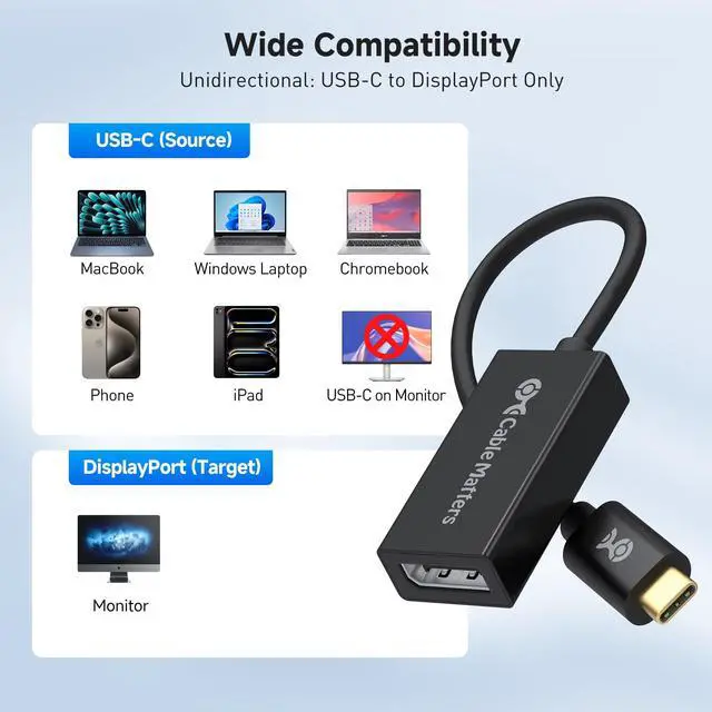 Alt view image 6 of 7 - Cable Matters 32.4Gbps Unidirectional USB C to DisplayPort 1.4 Adapter, 4K@240hz, 8K@60hz, and HDR Support - Thunderbolt 4 / USB4 Compatible with iPad Pro, iPhone 16/15 Pro, MacBook, XPS, Surface