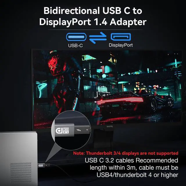 Alt view image 2 of 7 - 8K@60Hz USB C to DisplayPort 1.4 Adapter,Bidirectional Type C to Display Port Adapter,Thunderbolt 3/4 to DP Converter Compatible with MacBook,iPhone 15 16 17,iPad Pro,Samsung,Lenovo/HP/Dell/ASUS
