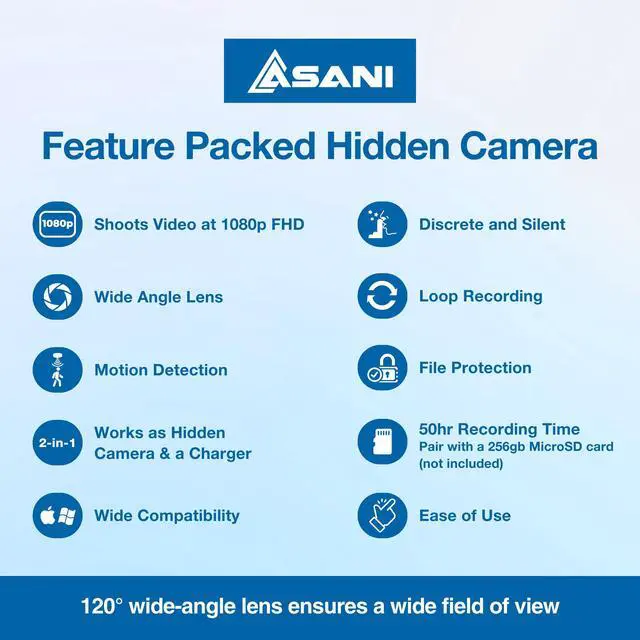 Alt view image 4 of 7 - Asani Hidden Spy Camera USB Charger - Records Video ONLY - Home & Office Security Nanny Cam with Micro SD Card Slot, Motion Detection, 1080P Full HD Video, Ideal for Home Monitoring, Pets