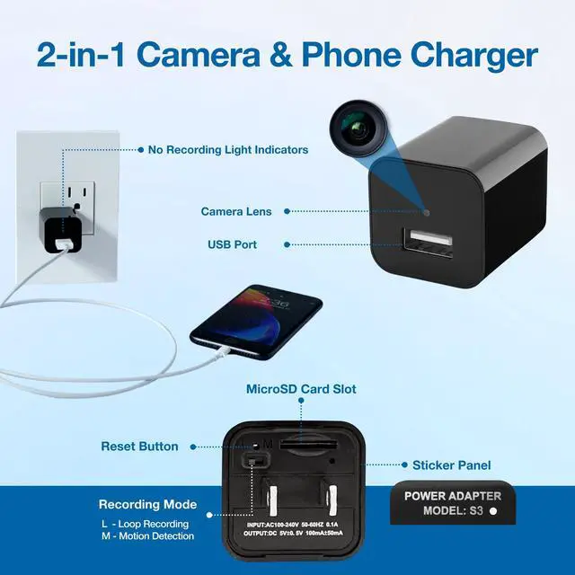 Alt view image 5 of 7 - Asani Hidden Spy Camera USB Charger - Records Video ONLY - Home & Office Security Nanny Cam with Micro SD Card Slot, Motion Detection, 1080P Full HD Video, Ideal for Home Monitoring, Pets
