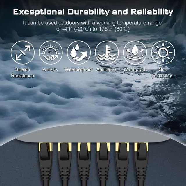 Alt view image 6 of 7 - DbillionDa Cat8 Ethernet Cable, Outdoor&Indoor, 6FT Heavy Duty High Speed 26AWG, 2000Mhz with Gold Plated RJ45 Connector, Weatherproof F/FTP UV Resistant for Router, Modem, PC, Gaming