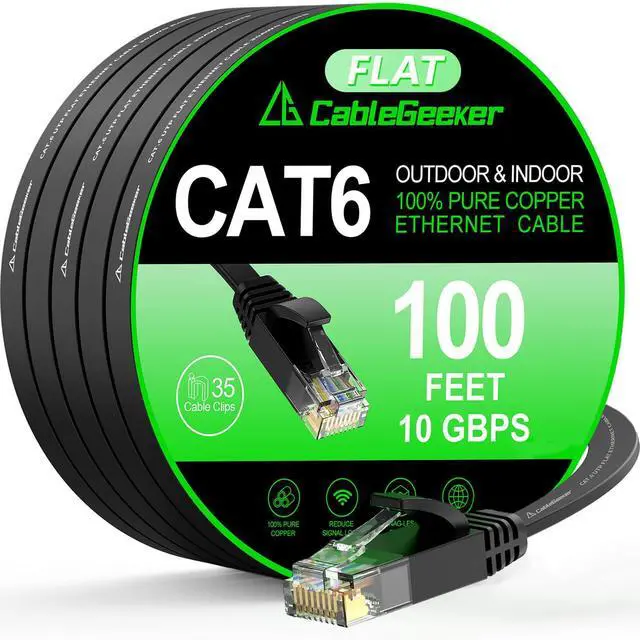 Main image of Cat 6 Ethernet Cable 100 ft, Indoor&Outdoor, High Speed 10Gbps Internet Network, Pure Copper Flat Ethernet Patch Cable Long, Computer LAN Cable with Clips & Straps for Router, Modem, PS4/5, Black