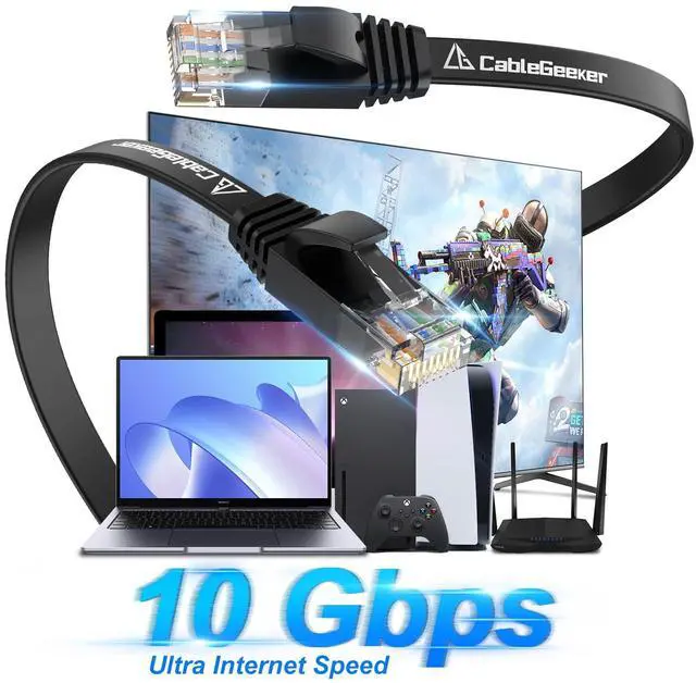 Alt view image 2 of 7 - Cat 6 Ethernet Cable 10ft 2-Pack, Indoor&Outdoor, High Speed 10Gbps Internet Network, Pure Copper Flat Ethernet Patch Cable Long, Computer LAN Cable with Clips&Straps for Router,Modem,PS4/5, Black