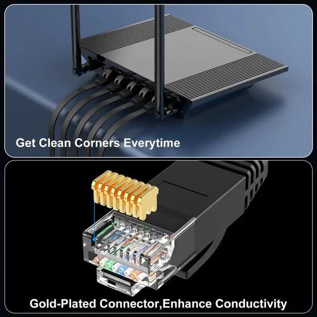 Alt view image 5 of 7 - Cat 6 Ethernet Cable 10ft 2-Pack, Indoor&Outdoor, High Speed 10Gbps Internet Network, Pure Copper Flat Ethernet Patch Cable Long, Computer LAN Cable with Clips&Straps for Router,Modem,PS4/5, Black