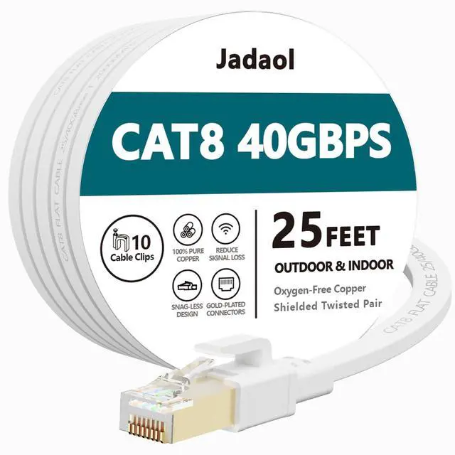 Main image of Cat8 Ethernet Cable, Outdoor&Indoor, 25 FT Heavy Duty High Speed Cat 8 LAN Network Cable, 40Gbps 2000MHz RJ45 Flat Internet Computer Patch Cord, Weatherproof S/FTP UV Resistant for Router/Modem/Gaming