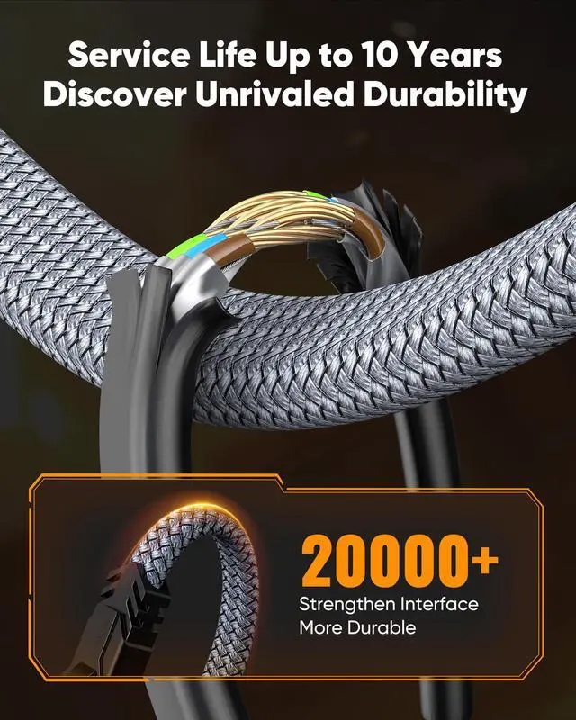 Alt view image 6 of 7 - Snowkids Cat 8 Ethernet Cable 15 FT, Strong Signal, High Speed 40Gbps 2000Mhz, Network Cord with RJ45 Internet Connector for TV/Printer/Computer/Modem/Router/ps-3/4/5, Braided Flat LAN Cable 15FT Grey