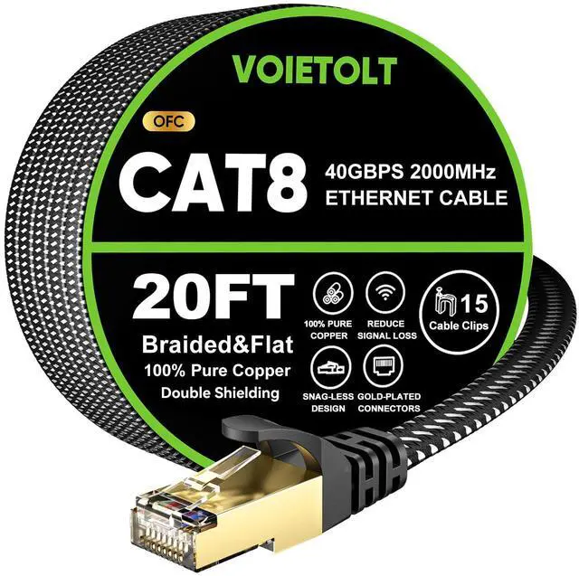Main image of VOIETOLT Cat 8 Ethernet Cable 20 FT Flat, High Speed 40Gbps 2000Mhz Braided Internet Cable with Gold Plated RJ45 Network LAN Cable SSTP, Heavy Duty Ethernet Cord Compatible for PS4/5, for Modems, PC