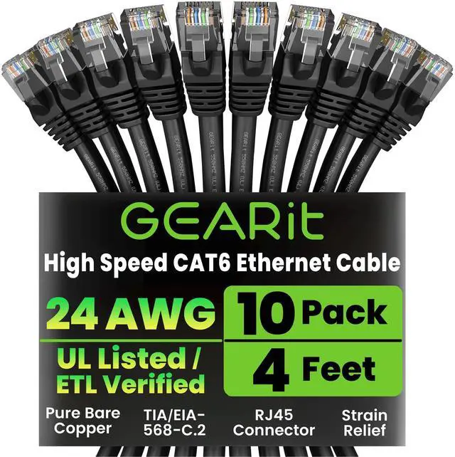 Main image of GEARit Cat 6 Ethernet Cable Pack - 10-Pack 4 ft Cat6 Ethernet Patch Cables | RJ45 Network Patch Cable, 10 Gbps Snagless Gold-Plated Connectors - Ethernet Cable Cat 6 for PC, TV, Router - Black