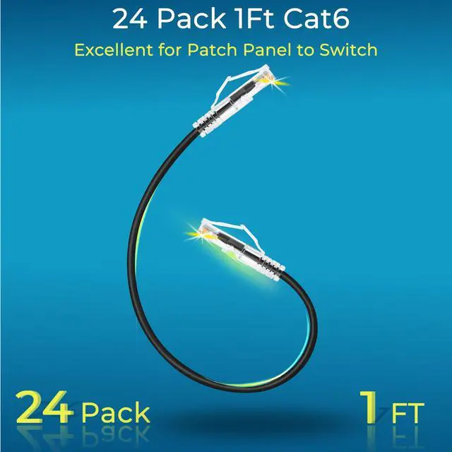 Alt view image 2 of 7 - Rapink Patch Cables Cat6/ Cat6a 1ft (24 Pack) Slim, Cat6a Ethernet Patch Cable 10G Support, Snagless Cat 6 Patch Cable for Patch Panel to Switch, Flexiable Cat6 Ethernet Cable Black