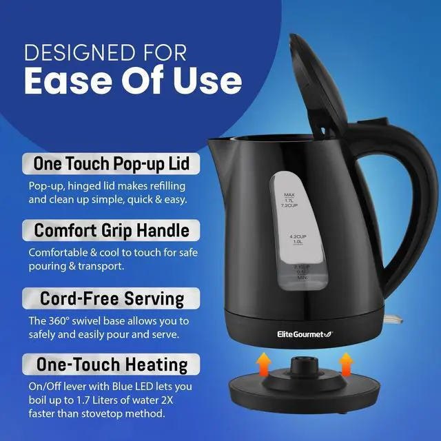 Alt view image 3 of 6 - Elite Gourmet EKT8690 1.7L Electric Tea Kettle 1500W Hot Water Heater Boiler BPA-Free, Fast Boil, Water Level Window and Auto Shut-Off, Black