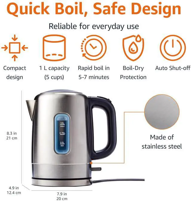 Alt view image 2 of 5 - Amazon Basics Electric Stainless Steel Kettle for Tea and Coffee, BPA-Free, Fast Boiling, Auto Shut-Off, 1.1 Quarts, 1500W, Black and Silver