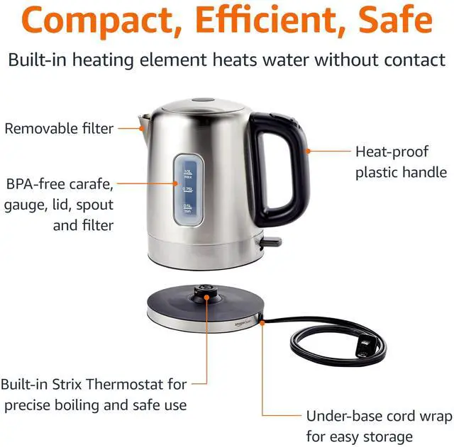 Alt view image 3 of 5 - Amazon Basics Electric Stainless Steel Kettle for Tea and Coffee, BPA-Free, Fast Boiling, Auto Shut-Off, 1.1 Quarts, 1500W, Black and Silver
