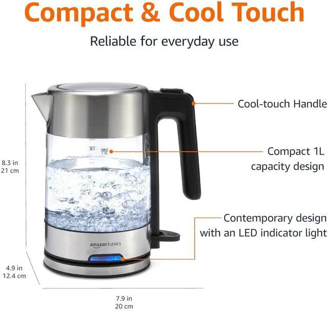 Alt view image 2 of 4 - Amazon Basics Electric Kettle with Glass Carafe for Tea and Coffee, BPA-Free, Fast Boiling, Auto Shut-Off, 1.1 Quarts, 1500W, Glass and Steel