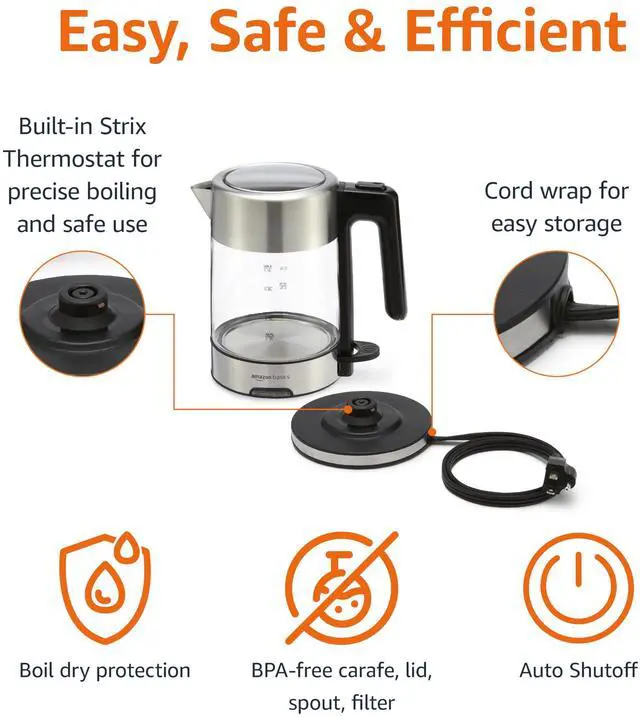 Alt view image 3 of 4 - Amazon Basics Electric Kettle with Glass Carafe for Tea and Coffee, BPA-Free, Fast Boiling, Auto Shut-Off, 1.1 Quarts, 1500W, Glass and Steel