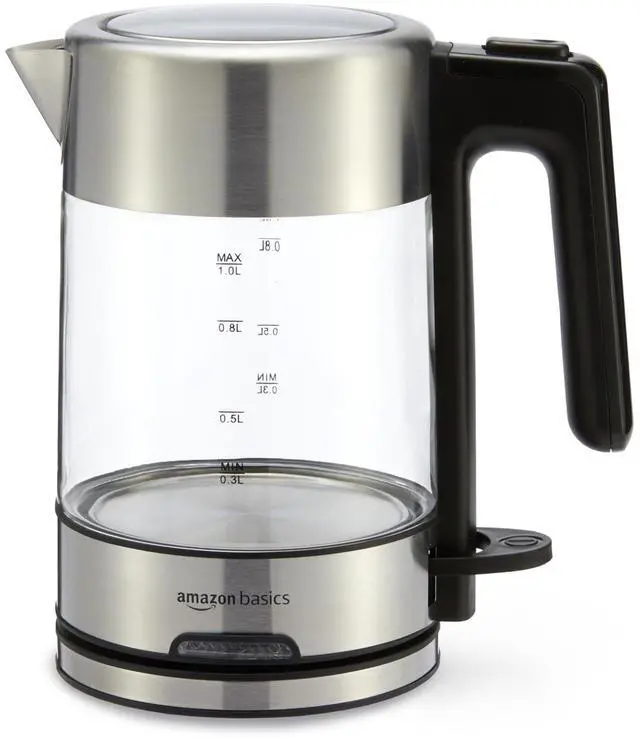 Main image of Amazon Basics Electric Kettle with Glass Carafe for Tea and Coffee, BPA-Free, Fast Boiling, Auto Shut-Off, 1.1 Quarts, 1500W, Glass and Steel