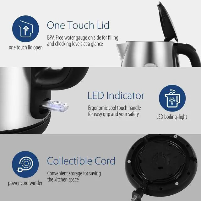 Alt view image 5 of 7 - ' Stainless Steel Electric Kettle, 1.7 Liter Tea Kettle Electric & Hot Water Kettle, 1500W Fast Boil with LED Light, Auto Shut-Off and Boil-Dry Protection