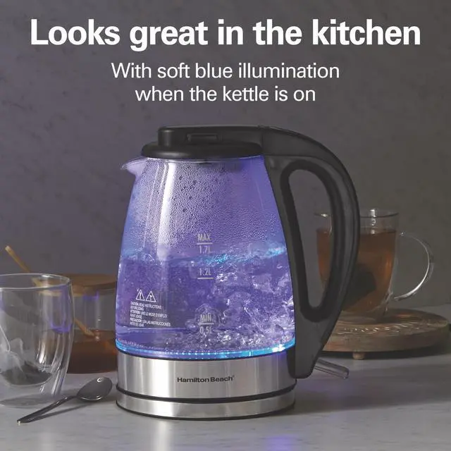 Alt view image 5 of 7 - Hamilton Beach 1.7L Electric Kettle, Water Boiler & Heater, LED Indicator, Built-In Mesh Filter, Auto-Shutoff & Boil-Dry Protection, Cordless Serving, Clear Glass (40864)