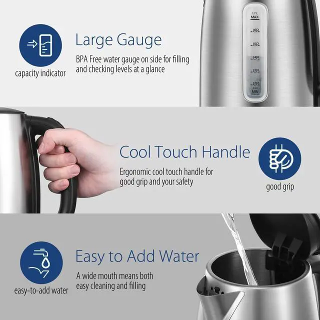 Alt view image 4 of 7 - ' Stainless Steel Electric Kettle, 1.7 Liter Tea Kettle Electric & Hot Water Kettle, 1500W Fast Boil with LED Light, Auto Shut-Off and Boil-Dry Protection