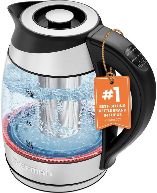 Main image of Chefman Electric Kettle with Temperature Control, 5 Presets LED Indicator Lights, Removable Tea Infuser, Glass Tea Kettle & Hot Water Boiler, 360° Swivel Base, BPA Free, Stainless Steel, 1.8 Liters