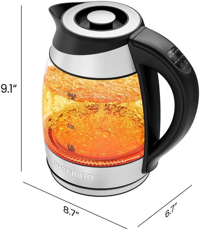 Alt view image 7 of 7 - Chefman Electric Kettle with Temperature Control, 5 Presets LED Indicator Lights, Removable Tea Infuser, Glass Tea Kettle & Hot Water Boiler, 360° Swivel Base, BPA Free, Stainless Steel, 1.8 Liters