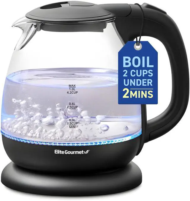 Main image of Elite Gourmet EKT1001 Electric 1.0L BPA-Free 1100W Glass Kettle Cordless 360° Base, Stylish Blue LED Interior, Handy Auto Shut-Off Function  Quickly Boil Water For Tea & More, Black