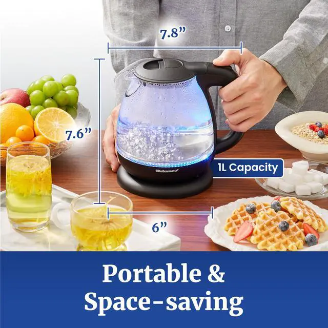 Alt view image 4 of 7 - Elite Gourmet EKT1001 Electric 1.0L BPA-Free 1100W Glass Kettle Cordless 360° Base, Stylish Blue LED Interior, Handy Auto Shut-Off Function  Quickly Boil Water For Tea & More, Black