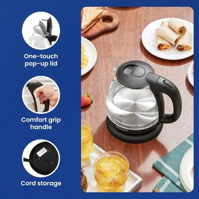 Alt view image 6 of 7 - Elite Gourmet EKT1001 Electric 1.0L BPA-Free 1100W Glass Kettle Cordless 360° Base, Stylish Blue LED Interior, Handy Auto Shut-Off Function  Quickly Boil Water For Tea & More, Black
